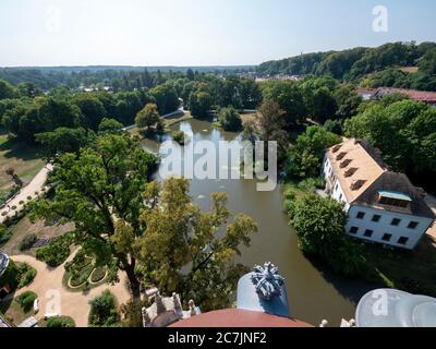 Neues Schloss, Blick vom Turm, Muskauer Park, UNESCO Weltkulturerbe, Bad Muskau, Oberlausitz, Sachsen, Deutschland Stockfoto