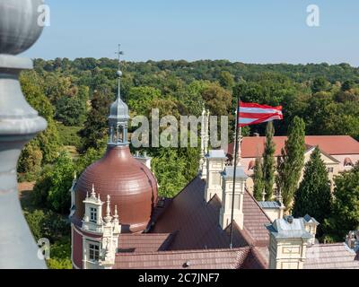 Neues Schloss, Blick vom Turm, Muskauer Park, UNESCO Weltkulturerbe, Bad Muskau, Oberlausitz, Sachsen, Deutschland Stockfoto