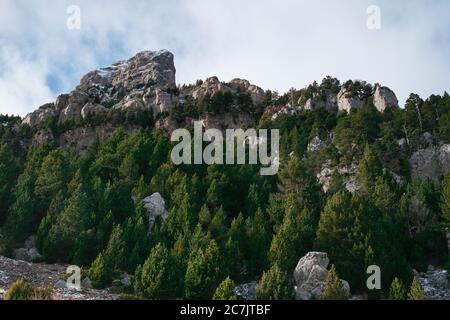 Hohe felsige Klippe mit vielen Tannen bedeckt Unter einem bewölkten Himmel Stockfoto