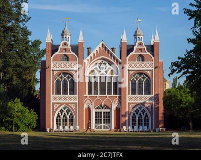 Gotisches Haus im Wörlitzer Park, Gartenreich Dessau-Wörlitz, UNESCO-Weltkulturerbe, Sachsen-Anhalt, Deutschland Stockfoto
