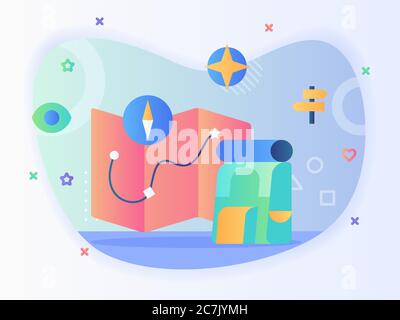 Konzept der Business Roadmap Strategie Icon Set Kompass Karte Brocure Rucksack Wegweiser mit flachen Stil. Stock Vektor