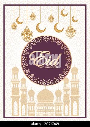 eid mubarak, islamisches Design mit Kalligraphie Text und Muster isoliert auf weißem Hintergrund. Hängende Laterne und Halbmond. Stock Vektor