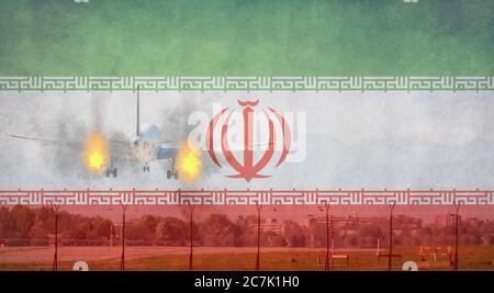 Zwillingsmotoren im Feuerfall mit iranischer Flagge im Hintergrund Stockfoto