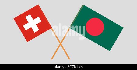 Gekreuzte Flaggen von Bangladesch und der Schweiz. Offizielle Farben. Korrektes Verhältnis. Vektorgrafik Stock Vektor