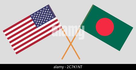 Gekreuzte Flaggen von Bangladesch und den USA. Offizielle Farben. Korrektes Verhältnis. Vektorgrafik Stock Vektor