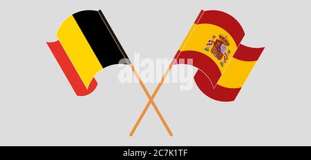 Gekreuzte und winkende Flaggen von Belgien und Spanien. Vektorgrafik Stock Vektor
