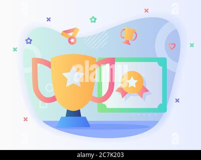 Erfolg Icon Set Trophäe Zertifikat Medaille mit flachen Stil. Stock Vektor