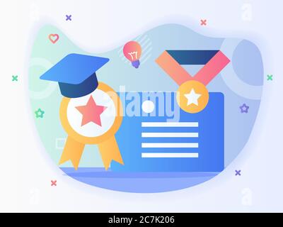 Zertifizierung Symbol Set Medaille Zertifikat Band Kopf Toga mit flachen Stil. Stock Vektor