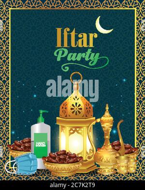 Laterne, Desinfektionsmittel, Maske, Teekanne und Datteln Palmfrüchte auf goldenes Tablett legen. Schützen Sie Corona oder covid-19 Virus für das muslimische Fest des heiligen Monats Stock Vektor