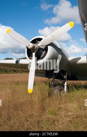 Die vertikale Aufnahme des Propellers eines Flugzeugs landete auf Das trockene Gras Stockfoto