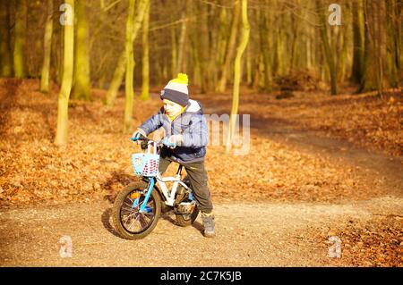 POZNAN, POLEN - 12. Jan 2020: Kleiner Junge sitzt auf einem Fahrrad in einem Wald an einem kalten Wintertag. Stockfoto