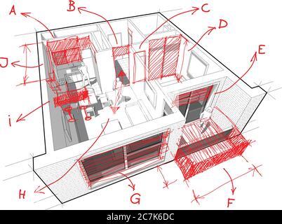 3D-Illustration perspektivische Ausschnitt Diagramm einer Wohnung mit einem Schlafzimmer komplett mit roten handgezeichneten architektonischen Skizzen und Notizen eingerichtet Stock Vektor