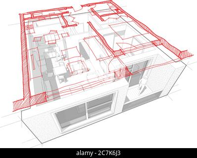 Perspektivisches Schnittplan einer Wohnung mit einem Schlafzimmer, komplett mit rotem, handgezeichneter architektonischer Grundriss eingerichtet Stock Vektor