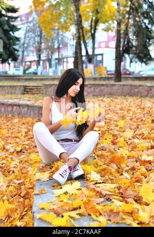 Schönes Mädchen im Herbstpark sitzt auf einer Betonbrüstungsgarnitel, hält gelbe Ahornblätter in den Händen, lächelt auf ihrem Gesicht, in weißen Jeans und einer Bluse, Stockfoto