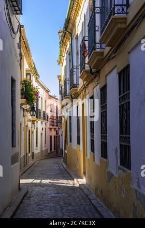 Farbenfrohe Gebäude säumen die kleine Calle de Encarnación Stockfoto