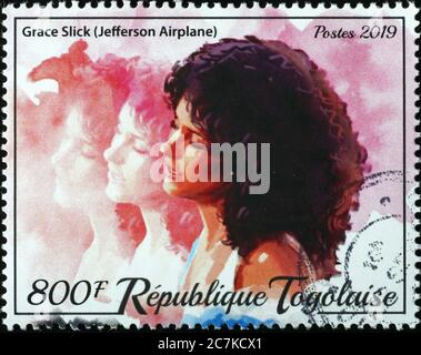 Grace Slick von Jefferson Airplane in Woodstock auf Briefmarke von Togo Stockfoto