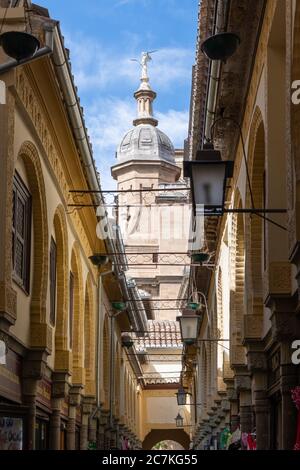 Blick vom Alcaiceria-Markt auf eine Statue, die auf einer Kuppel der Kathedrale von Granada thront, die als St. Uriel, St. Michael oder Erzengel genannt wird Stockfoto