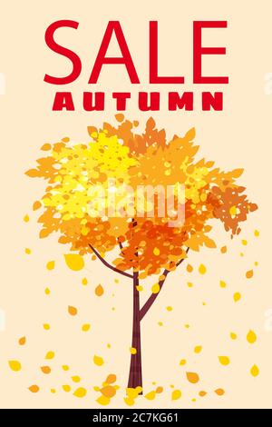 Herbst Verkauf, Vorlage Hintergrund Baum mit fallenden Blättern, gelb, orange, braun, Herbst, Schriftzug, Poster, Banner, Vektor, isoliert Stock Vektor