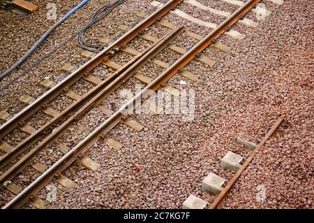 Nahaufnahme der Holzschienen eines Trainieren Stockfoto