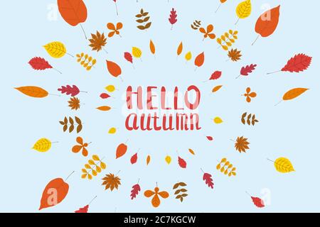 Hallo Herbst, Hintergrund mit fallenden Blättern, gelb, orange, braun, Herbst, Schriftzug, Vorlage für Poster, Banner, Vektor, isoliert Stock Vektor