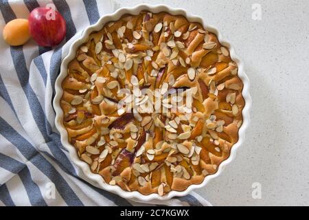 Frisch gebackene hausgemachte Torte mit Aprikosen und Pfirsichen auf hellem Hintergrund. Draufsicht, Tageslicht Stockfoto