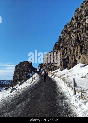 Weg durch die Allmann-Schlucht (Almannagjá) im Thingvellir Nationalpark, Island Stockfoto