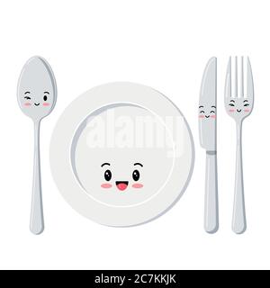 Niedliche weiße Teller mit Löffel, Messer und Gabel Emoji-Set isoliert auf weißem Hintergrund. Stock Vektor