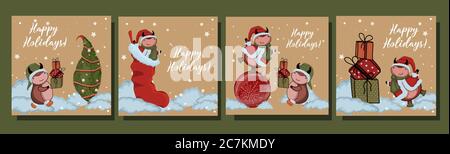 Großer Satz von weihnachtskarten. Jahr des Stiers 2021. Bastelpapier. Frohe Feiertage Stock Vektor