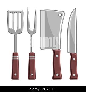 Vector Set von BBQ Tools, Sammlung von 4 ausgeschnittenen Illustrationen - Grillspatel, scharfe Gabel, Chef-Cleaver und Edelstahl-Messer auf weißem Hintergrund. Stock Vektor