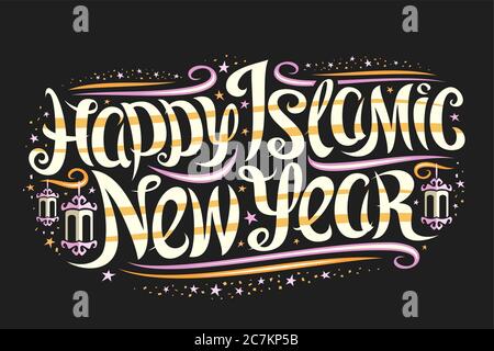 Vektor-Grußkarte für Islamisches Neujahr, Poster mit einzigartigen Pinsel-Schriftzug für gelbe Wörter glückliches islamisches Neujahr, alte Lams, dekorative Konfetti ein Stock Vektor