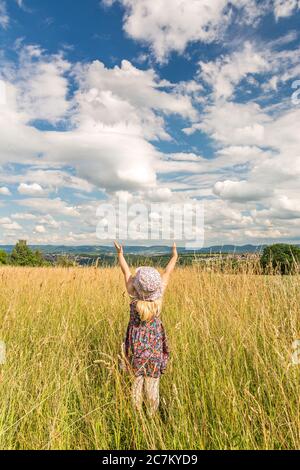 Nettes kleines blondes Mädchen, das im Sommer auf einem Feld steht und die Arme voller Freude hebt (vertikaler Schuss) Stockfoto