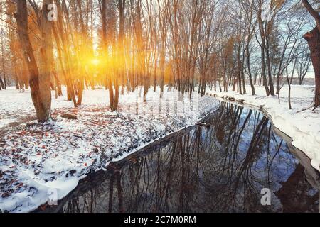 Landschaftlich schöner Blick auf den Fluss und die von Schnee bedeckten Bäume. Abgefallene Blätter. Sonnenuntergang Stockfoto