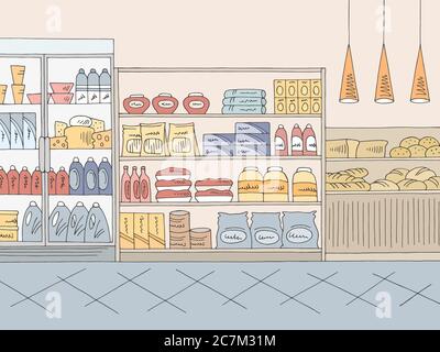 Lebensmittelgeschäft Shop Interieur Farbe Grafik Skizze Illustration Vektor Stock Vektor