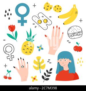 Moderne Jugendset Aufkleber und Designelemente isoliert auf weiß. Girly, stilvoll und frisch Vektor. Mädchen, Früchte, Hände. Geeignet für Poster, Postkarte, Stockfoto