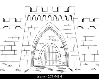 Burg Tor Grafik schwarz weiß Landschaft Skizze Illustration Vektor Stock Vektor