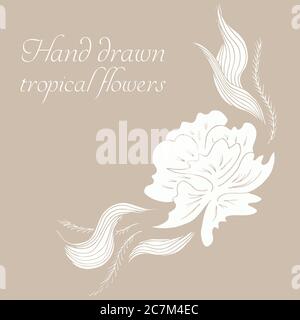 Vektor Silhouette von Hand gezeichnet tropischen Blumen. Blumenzeichnung im Skizzenstil. Sommer Hintergrund mit tropischen Blumen für Reisen oder T-Shirt. Stock Vektor