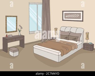 Schlafzimmer Grafik Farbe Heim Interieur Skizze Illustration Vektor Stock Vektor