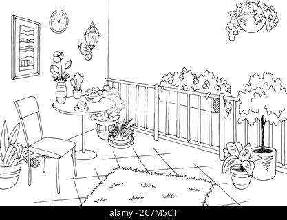 Balkon Garten Grafik schwarz weiß Interieur Skizze Illustration Vektor Stock Vektor