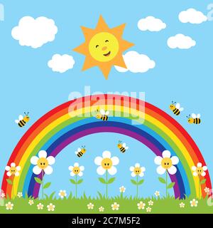 Farbenfroher Hintergrund mit Regenbogen, fröhlicher Sonne, lächelnden Blumen und Bienen. Stockfoto