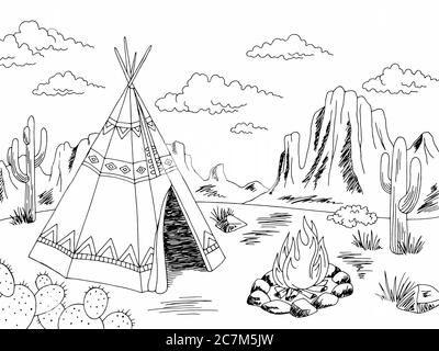 Wigwam American indian Haus außen Grafik schwarz weiß Landschaft Skizze Illustration Vektor Stock Vektor