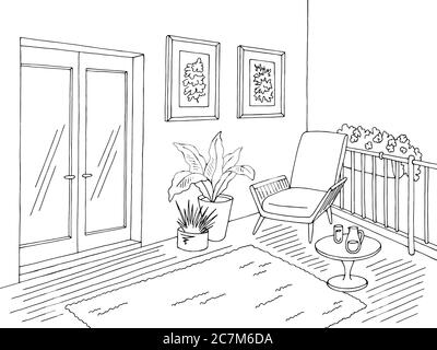 Balkon Garten Grafik schwarz weiß Interieur Skizze Illustration Vektor Stock Vektor