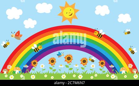 Eine farbenfrohe Illustration eines Regenbogens, einer glücklichen Sonne, Blumen und Bienen. Stockfoto