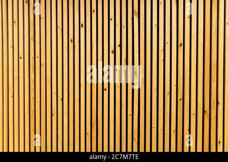 Vertikale dünne Holzlatten an der Wand in modernem Interieur. Natürliche braune Farbe Stockfoto