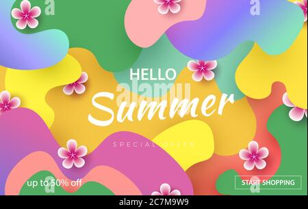 Hello Sommer typografisches Design mit abstrakten Formen aus Papierschnitt und tropischen Blumen. Vorlage für Banner, Postkarte, Poster. Vektor Stock Vektor