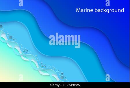 Abstrakt blaues Meer und Strand Sommer Hintergrund mit Papierwellen und Küste. Schnittpapier. Vektor Stock Vektor