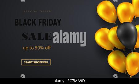 Black friday Sale Poster mit glänzenden Ballons auf dunklem Hintergrund mit geprägtem Text. Vektor Stock Vektor