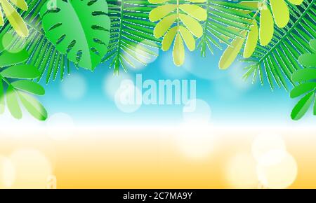 Hello Summer typografisches Design mit abstrakten Formen des Papierschneidens und tropischen Blättern. Vektorgrafik. Stock Vektor