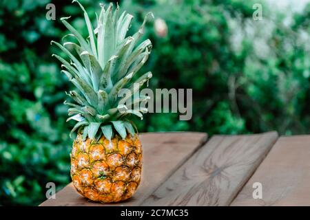 Frisch gepflückte Ananas auf einem Holztisch Stockfoto