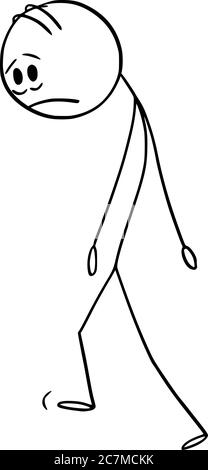 Vektor Cartoon Stick Figur Zeichnung konzeptionelle Illustration von traurig, Reifen, gestresst oder depressiv Mann oder Geschäftsmann zu Fuß. Stock Vektor