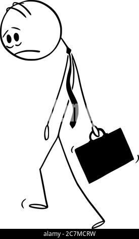 Vektor Cartoon Stick Figur Zeichnung konzeptionelle Illustration von traurig, Reifen, gestresst oder depressiv Mann oder Geschäftsmann mit Fall, Krawatte oder Krawatte zu Fuß. Stock Vektor